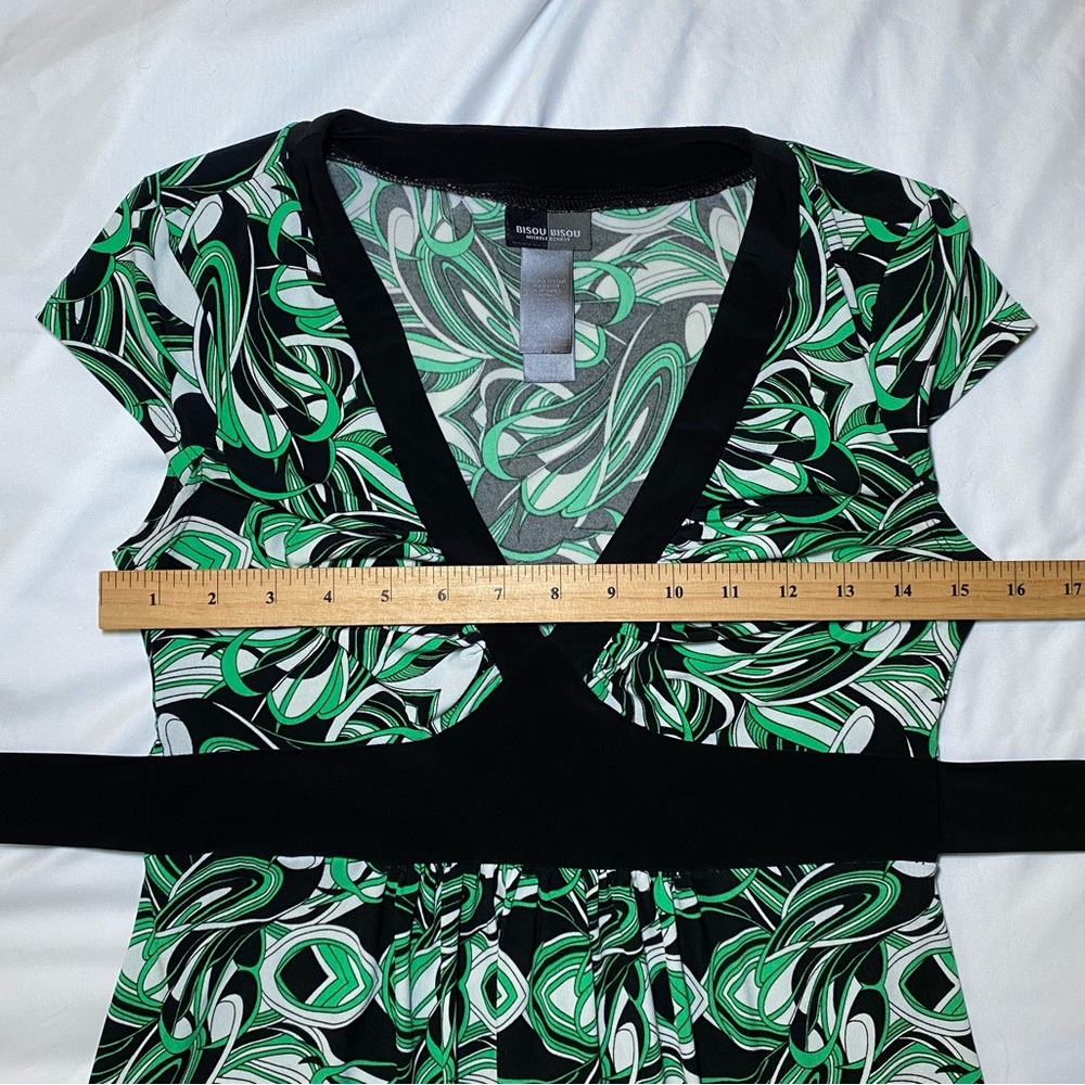Vintage 00s Y2K Green and Black Abstract Patterned Midi Dress with Tie Back - Picture 5 of 7